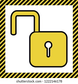 Unlock sign illustration. Vector. Warm yellow icon with black contour in frame named as under construction at white background. Isolated.