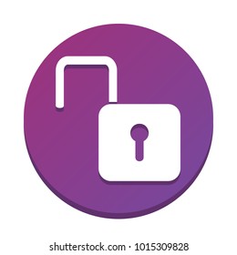Unlock sign illustration. Vector. White icon with flat shadow on purpureus circle at white background. Isolated.