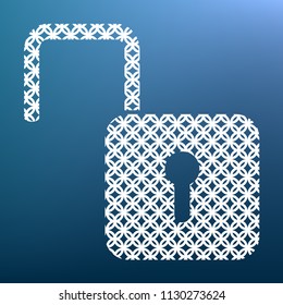 Unlock sign illustration. Vector. White textured icon at lapis lazuli gradient background.