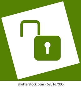 Unlock sign illustration. Vector. White icon obtained as a result of subtraction rotated square and path. Avocado background.