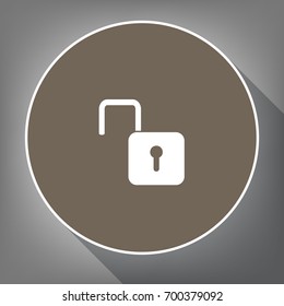 Unlock sign illustration. Vector. White icon on brown circle with white contour and long shadow at gray background. Like top view on postament.