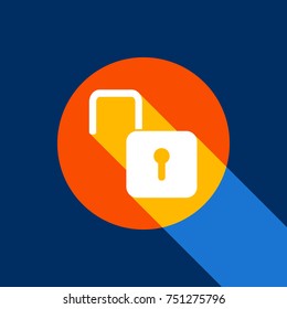 Unlock sign illustration. Vector. White icon on tangelo circle with infinite shadow of light at cool black background. Selective yellow and bright navy blue are produced.