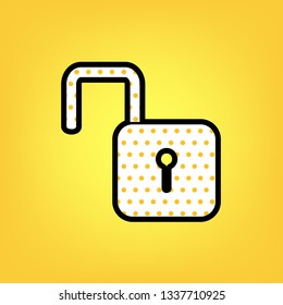 Unlock sign illustration. Vector. Yellow polka dot white icon with black contour at warm yellow background.