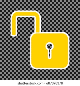 Unlock sign illustration. Vector. Yellow icon with white contour on dark transparent background.
