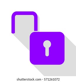 Unlock sign illustration. Violet icon with flat style shadow path.