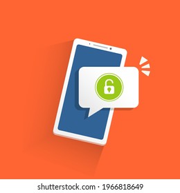 Unlock sign notification concept. Padlock mark sign notification on the smartphone screen. Vector illustration in flat style