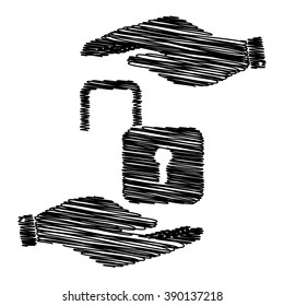 Unlock sign. Save or protect symbol by hands with scribble effect.