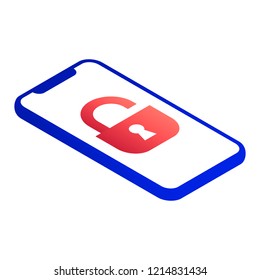 Unlock smartphone icon. Isometric of unlock smartphone vector icon for web design isolated on white background