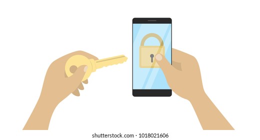 Unlock smartphone with key on white background.