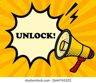 Unlock speech bubble. Megaphone, lightning, speech burst, sound lines, pop art style, loudspeaker, public speaking, yellow background, expression, voice, alert, broadcast
