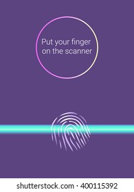 unlock system by fingerprint. symbol fingerprint on the display of violet. biometric security system. Text: Put your finger on the scanner. Vector illustration