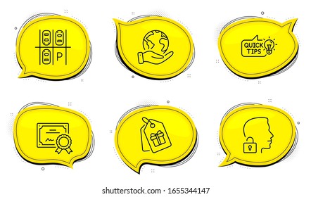 Unlock system sign. Diploma certificate, save planet chat bubbles. Coupons, Parking place and Education idea line icons set. Shopping tags, Transport, Quick tips. Access granted. Vector