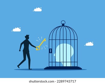 Entsperren Sie die Gedanken im menschlichen Kopf. Der Mensch entlädt den menschlichen Kopf in den Vogelkäfig. Geschäftskonzept