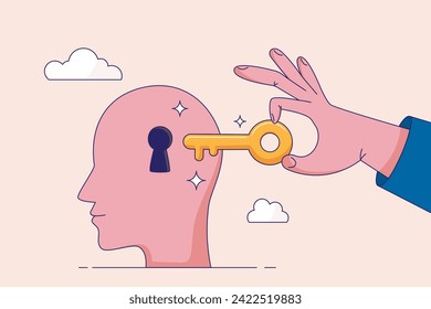 Unlock true potential concept. Motivation to set new mindset, key to success or career achievement, learning or imagination, businessman hand putting golden key to unlock potential in human brain.