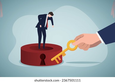 Unlock true potential, ideal self to success in career or business, secret mind or skill to solve problem concept, confidence businessman holding golden key about to activate employee potential.