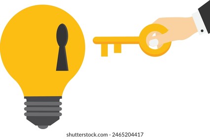 Unlock true potential, ideal self to success in career or business, secret mind or skill to solve problem concept, confidence businessman holding golden key about to activate employee potential.

