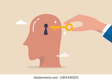 Unlock true potential or motivation to set new mindset, key to success or career achievement, learning or imagination concept, businessman hand putting golden key to unlock potential in human brain.