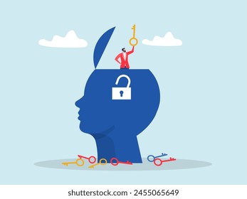 Unlock true potential or new mindset,think about new idea, creativity key to success or career achievement,businessman open head with golden key to unlock potential in human brain.