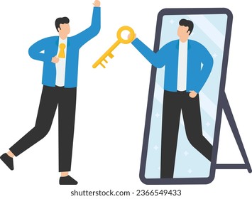 Unlock true potential, Your ideal self to success in career or business, Secret mind or skill to solve problem, Holding golden key about to unlock

