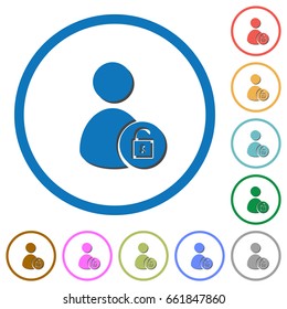 Unlock user account flat color vector icons with shadows in round outlines on white background