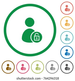 Unlock user account flat color icons in round outlines on white background