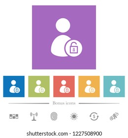 Unlock user account flat white icons in square backgrounds. 6 bonus icons included.