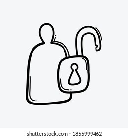 unlock user doodle vector icon. Drawing sketch illustration hand drawn line.