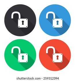 Unlock vector icon - colored(gray, blue, green, red) round buttons with long shadow