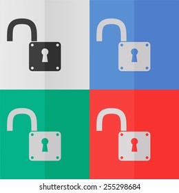 Unlock vector icon. Effect of folded paper. Colored (red, blue, green) illustrations. Flat design