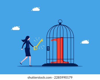 Unlock victory and value. Businesswoman uses a key to unlock number one icon from birdcage. business competition concept