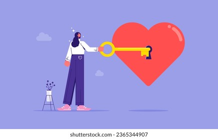 Unlock work passion of your business, motivation to success and win business competition, mindset or attitude to work in we love to do concept, businesswoman holding a key to unlock the heart