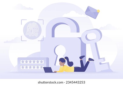 Unlock your account by password and fingerprint scan. Protect personal data, account access, safety and security management. Flat vector design illustration.