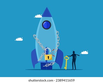 Unlock your business. Businessman uses key to unlock rocket from chain