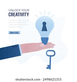 Unlock your creativity, landing page template. Hand give big idea bulb with keyhole and key. Learning to make creative thinking a habit. Skills improvement. Brainstorming, pitching ideas. flat vector