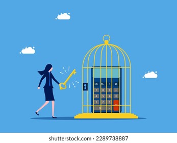 Unlock your freedom of thought and finances. Businesswoman unlocks the calculator in the cage. concept of finance and investment