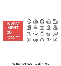 Unlock your future 20 editable line icons representing investment strategies and opportunities in