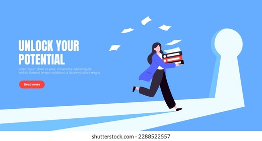 Unlock your opportunity concept with keyhole and ambitious woman running to career potential and work financial success flat style vector illustration. New way business beginnings and unlock future.