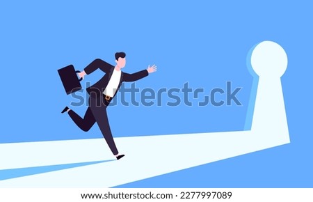 Unlock your opportunity concept with keyhole and ambitious man running to career potential and work financial success flat style vector illustration. New way business beginnings and unlock future.
