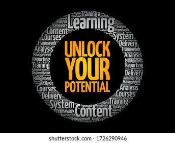 Unlock your potential circle word cloud, business concept background