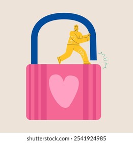Unlock yourself. Man pushes the padlock to unlock. Colorful vector illustration

