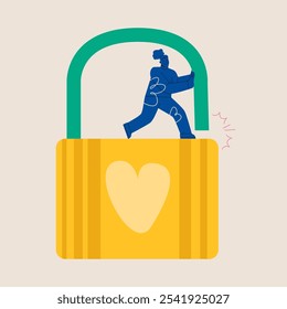 Unlock yourself. Woman pushes the padlock to unlock. Colorful vector illustration
