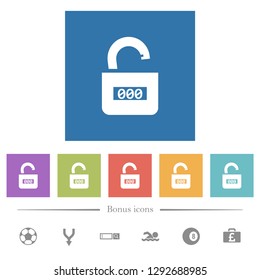 Unlocked combination lock with center numbers flat white icons in square backgrounds. 6 bonus icons included.