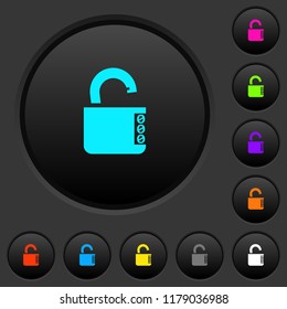 Unlocked combination lock with side numbers dark push buttons with vivid color icons on dark grey background