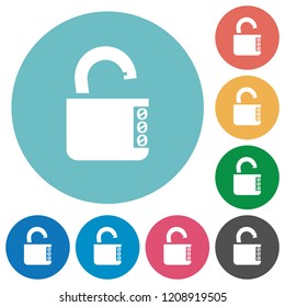 Unlocked combination lock with side numbers flat white icons on round color backgrounds
