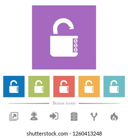 Unlocked combination lock with side numbers flat white icons in square backgrounds. 6 bonus icons included.
