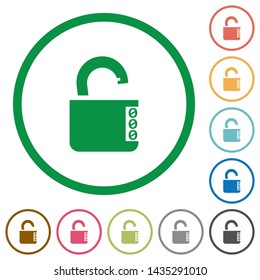 Unlocked combination lock with side numbers flat color icons in round outlines on white background