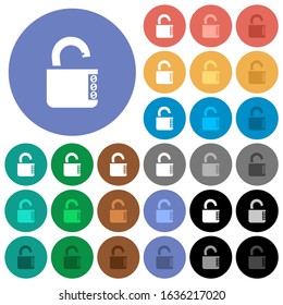 Unlocked combination lock with side numbers multi colored flat icons on round backgrounds. Included white, light and dark icon variations for hover and active status effects, and bonus shades.