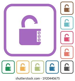 Bloqueo de combinación desbloqueado con números laterales iconos simples con marcos cuadrados redondeados de color sobre fondo blanco