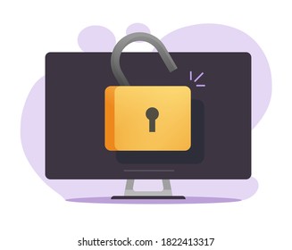Acceso de computadora desbloqueado en línea con icono de vector de candado abierto, inseguro de internet de pc, caricatura plana de idea de robo, inicio de sesión de seguridad digital, cuenta privada abierta, símbolo de software espía de Internet