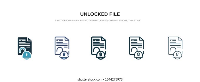 unlocked file icon in different style vector illustration. two colored and black unlocked file vector icons designed in filled, outline, line and stroke style can be used for web, mobile, ui